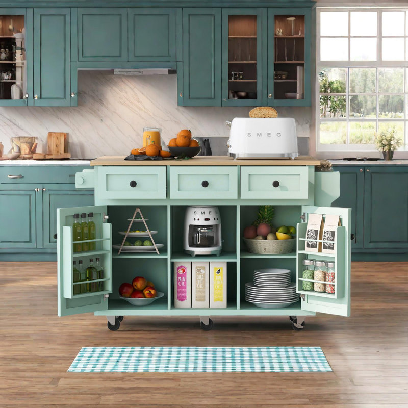 Bobbe Solid Wood Top Kitchen Cart, Green