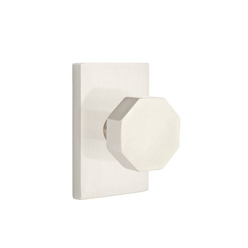 Privacy Octagon Knob with Modern Rectangular Rose, Satin Nickel