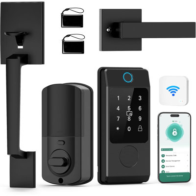Serrure à pêne dormant intelligent avec poignée et clavier Wi-Fi, serrure de porte d'entrée sans clé compatible, serrure de porte avant verrouillable 5-en-1