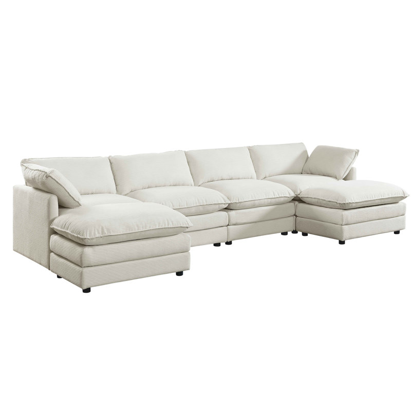 6 - Piece Corduroy Sectional Sofa With Removable Ottoman, Beige Corduroy