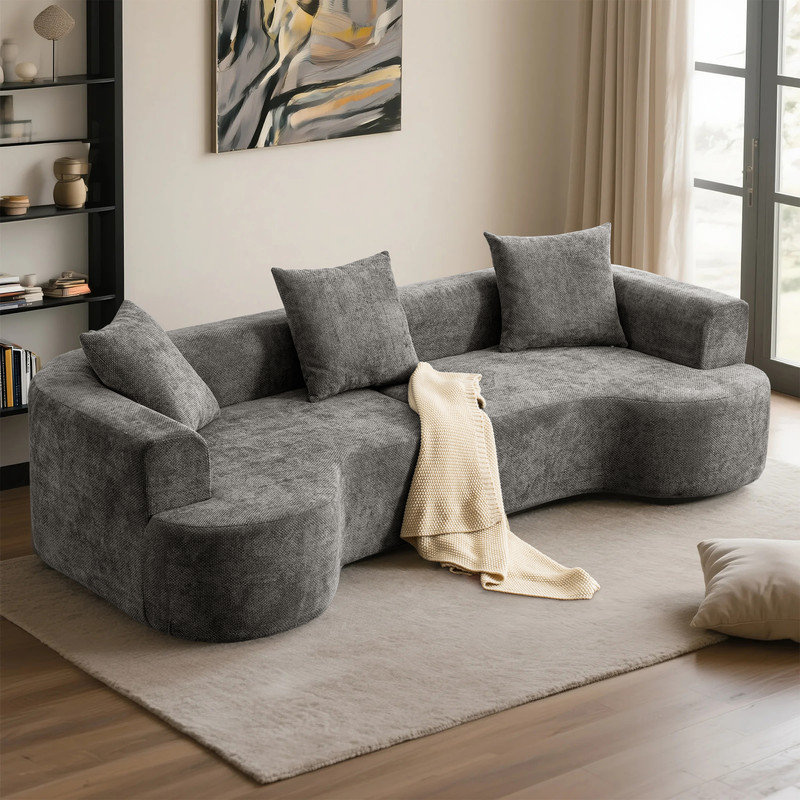 Canapé incurvé moderne avec 3 coussins Modern, Mélange de lin gris
