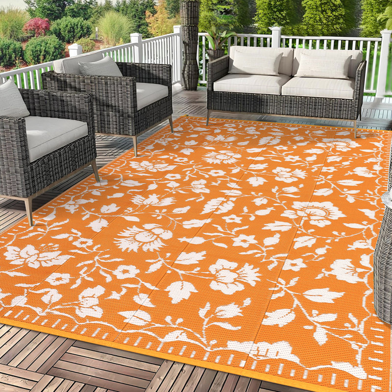 Floral Outdoor Rug Patio Waterproof Foldable Reversible Plastic Straw Rug for RV Camping, Picnic, Beach, Balcony, Deck & Garden