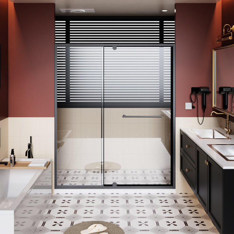 60 In X 72 Pivot Shower Door, 1/4 Inch Tempered Glass With Certification, Black Finish, Reversible Configuration, Telescopic Guide Adjustment W H Clear Glass, Stainless Steel Handle, Adjustment,