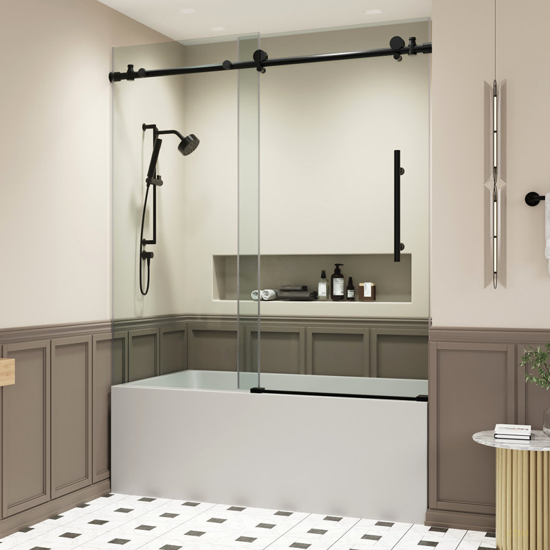 Porte de baignoire coulissante sans cadre 56-60 "x 60", porte de douche, verre trempé transparent de 5/16 "(8 mm), Noir mat