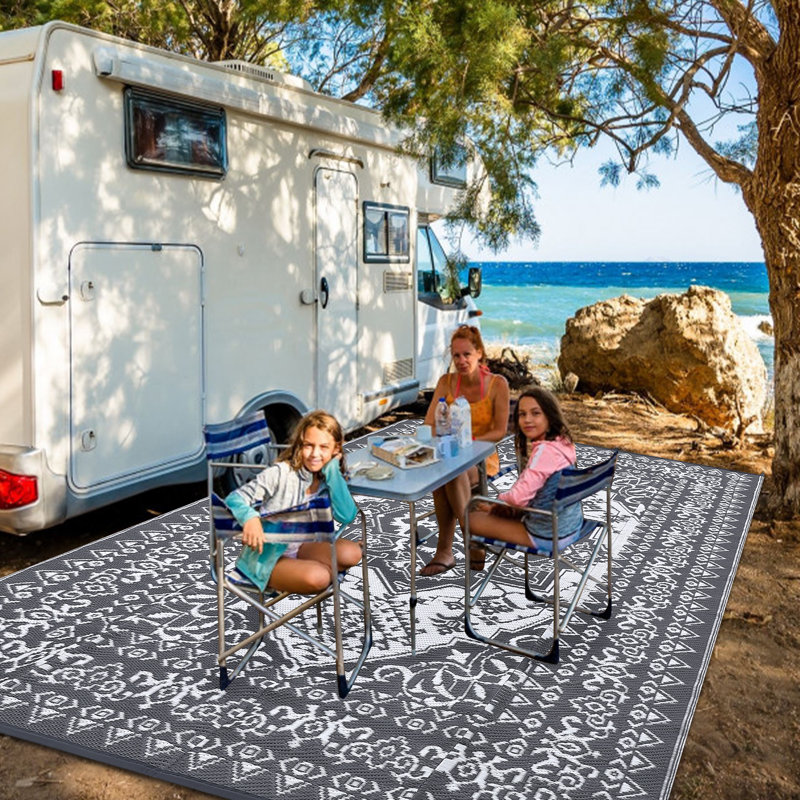 Waterproof Reversible Outdoor Rug 9x12ft – Large Plastic Straw Patio Carpet – Vintage Gray & White Medallion, UV-Resistant, All-Weather for Patio, Deck, Balcony, RV, Camping, Picnic – Gray, USA
