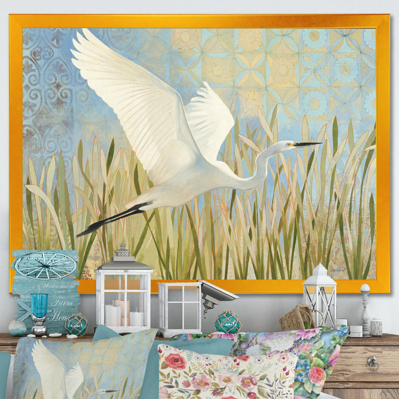 «Snowy Egret in Flight VII», reproduction d'art sur toile, H 30 po x l 40 po x P 1,5 po, Cadre doré