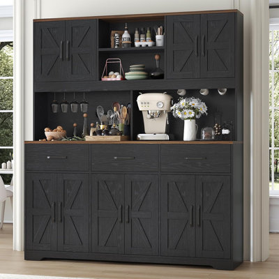 62" W Farmhouse Kitchen Pantry Cabinet With Hutch, Power Outlet & Adjustable Shelves, 71" Tall Storage Cabinet With Drawers