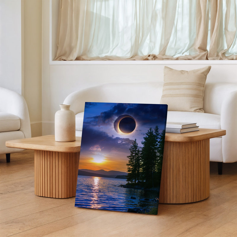 Toile, "Un coucher de soleil à couper le souffle sur un lac tranquille", art mural, éclipse solaire dramatique