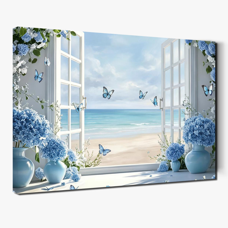 Tableau sur toile avec fenêtre blanche, hortensias bleus et papillons, vue sur la plage, 28 x 40 pouces