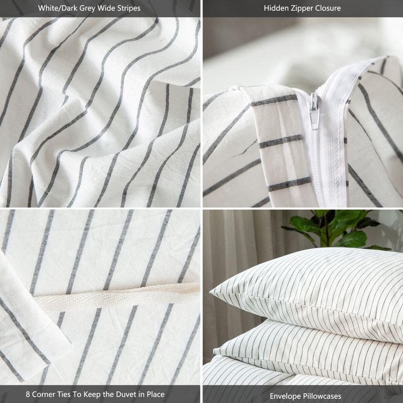 MooMee Striped Duvet Cover Set 100% Washed Cotton Linen Like Textured, Queen Duvet Cover + 2 Standard Pillowcases
