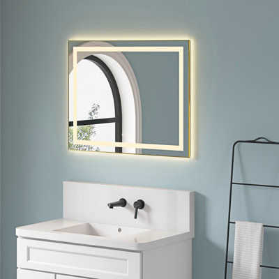 Miroir de salle de bain 36 po x 28 po à DEL avec façade et rétroéclairage, brouillard, 3 couleurs, gradation continue, cadre en aluminium, or brossé, cadre de préférences d'éclairage de réunion, mémoire murale, températures de couleur,