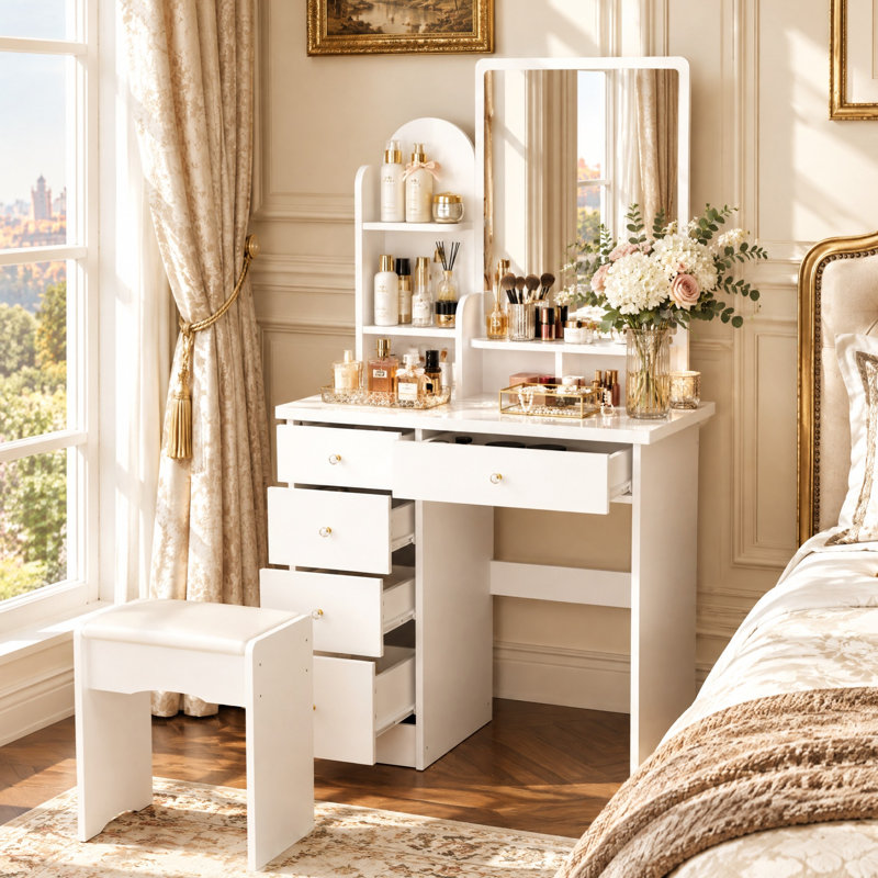 Ensemble coiffeuse de 82 cm de large avec miroir, 5 tiroirs, tablettes ouvertes et tabouret.