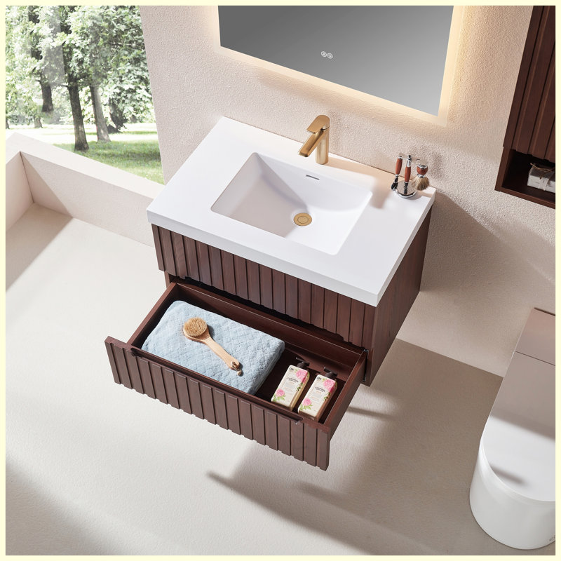 Meuble-lavabo flottant mural 24 po avec lavabo en acrylique intégré blanc, armoire en contreplaqué pré-assemblée avec 2 tiroirs, noyer foncé