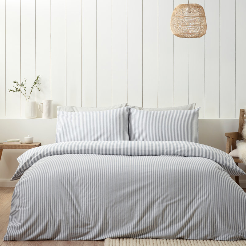 Brushed Stripe Cotton Reversible Duvet Cover Set, Silver Grey, King Duvet Cover + 2 Standard Pillowcases