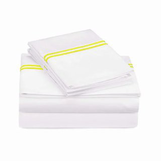 400TC Double Embroidery Sateen Solid Cotton 4 Piece Sheet Set Fitted Sheet Fits Upto 16" Deep Pocket, Yellow