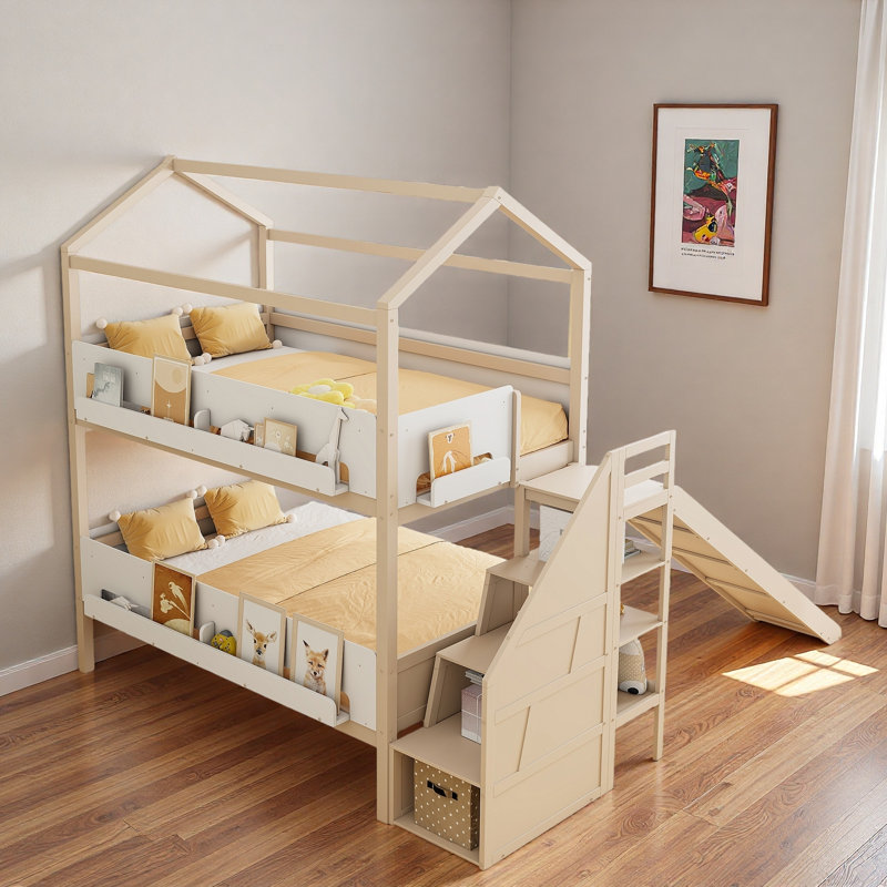 Lit superposé en forme de maison avec escalier de rangement, tablettes de présentation et glissade, Beige