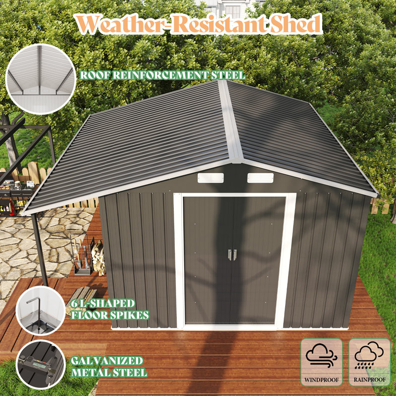 AMERLIFE Outdoor Storage Shed, Metal Shed with Sliding Doors Two 4-Pane Windows, Open Outdoor Shed for Wood Storage