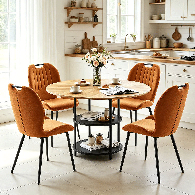 Ensemble de table de salle à manger ronde pour 4 personnes, ensemble de table de salle à manger de ferme de 47,3 po avec 4 chaises rembourrées et tablette de rangement, plateau de table en bois avec structure en métal, bois fendu