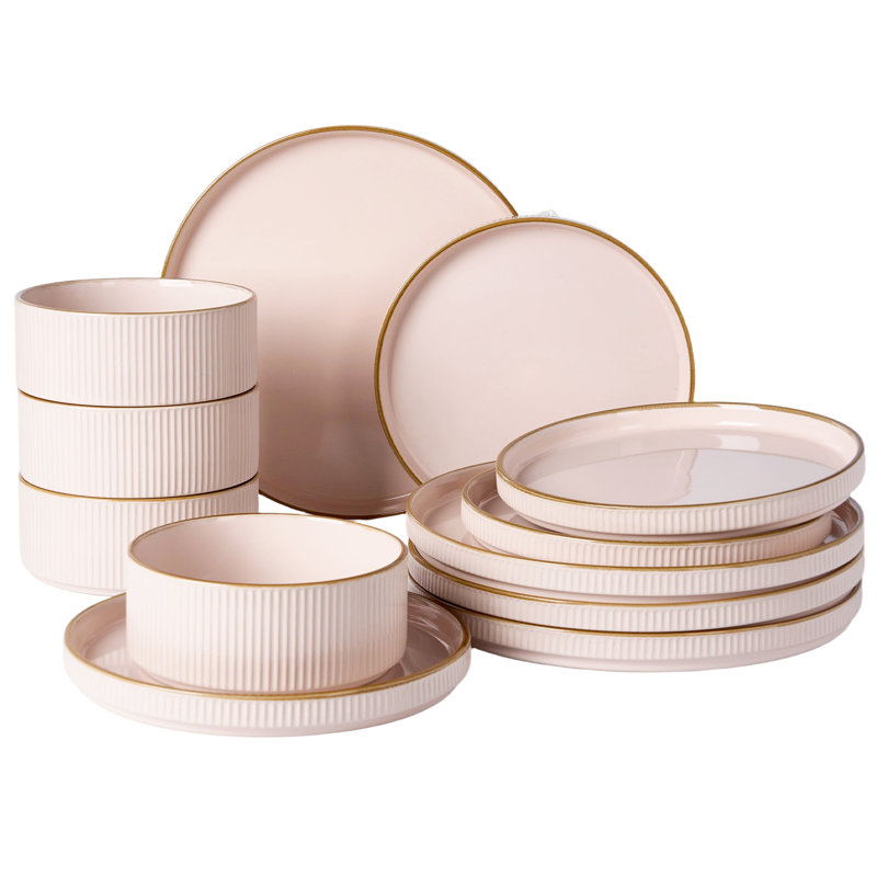 Star Stoneware Dinnerware Sets, 12 Pieces Dish Set, Light Pink With Brown Rim, Light Pink