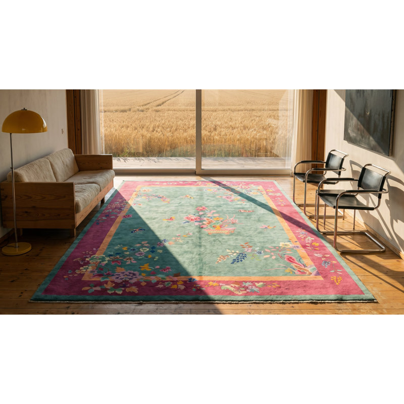 Floral Seafoam Green Color Antique Chinese Art Deco Rug