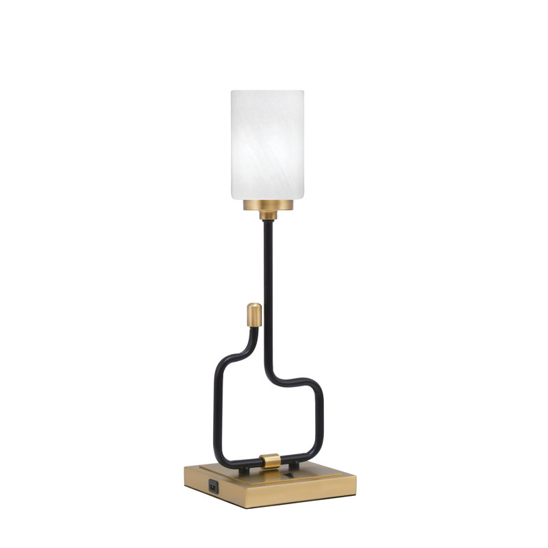 Lampe d'appoint Amarmula, avec ports USB, finition noir mat et laiton vieilli, verre marbré blanc 4 po, Doré, Blanc