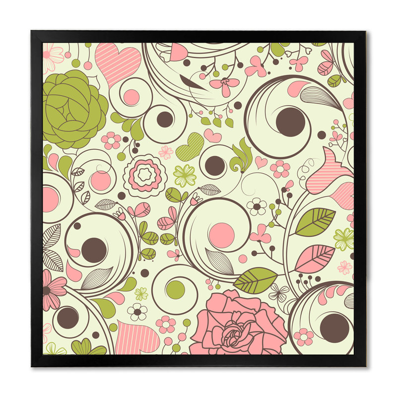 Fleurs rétro en rose et vert - art mural traditionnel sur toile, Impression noire sur toile encadrée