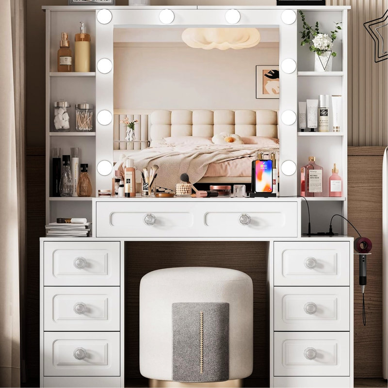 Coiffeuse avec lumières, miroir, 7 tiroirs, tabouret, tablettes de rangement ouvertes et de rangement, tablettes de coiffeuse rembourrées