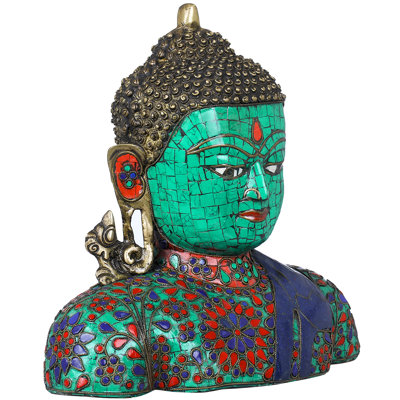 Statue de buste de Bouddha en laiton fait à la main - décor bouddhiste tibétain, incrustation de pierres précieuses, décor de pièce de méditation, hauteur 10 po