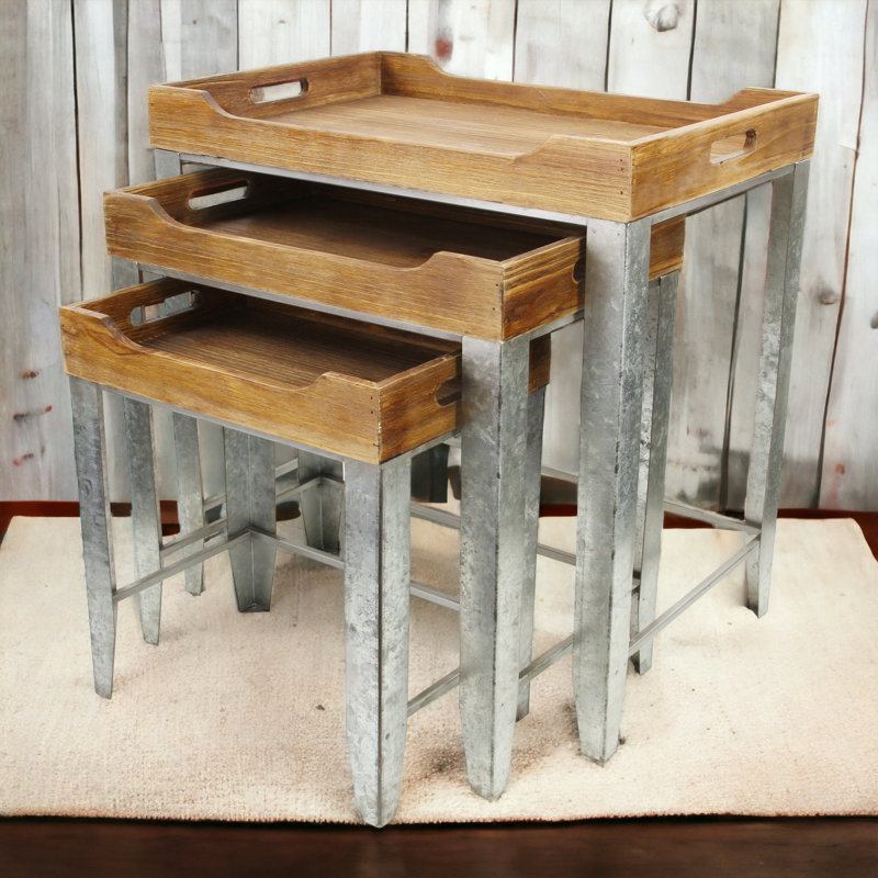 Proclus Solid Wood Tray Top Nesting Tables, Brown