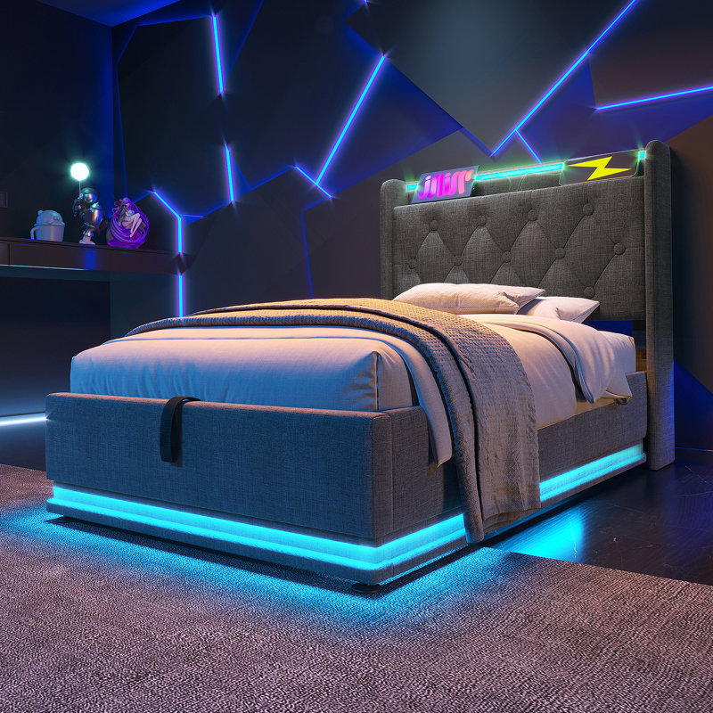Upholstered bed, 360 surround LED function, Buttons/Apps/Remote Control, hydraulic storage bed, Twin
