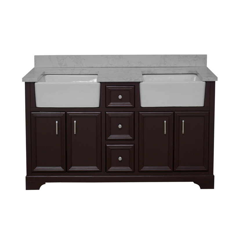 Ensemble de meuble-lavabo double 60 po Emiliano, Chocolat, Carrare d'ingénierie