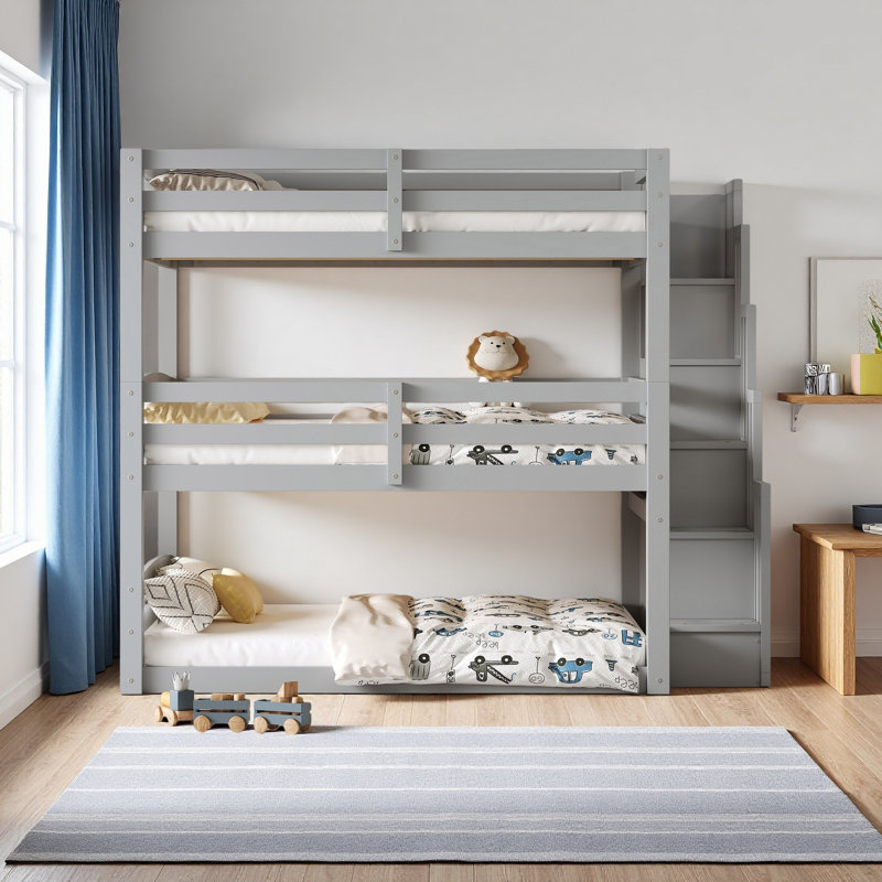 Full Size Triple Bunk Bed With Storage Staircase,Separate Design, Gray