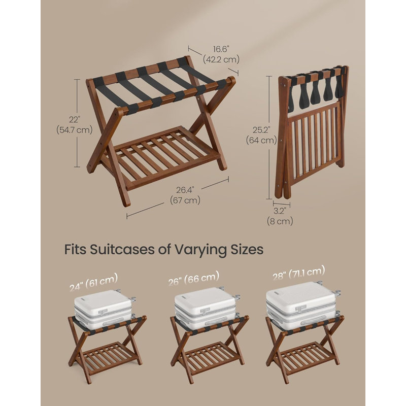 Porte-bagage en bois massif, sans assemblage requis, porte-valise pliable, porte-bagage, avec tablette de rangement, pour chambre d'amis, hôtel, chambre à coucher, brun café