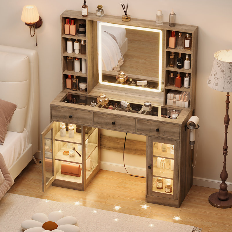 Vanity Desk with RGB Lights, Glass Top, Lighted Mirror and Built-in Hair Dryer Rack, All-in-One White Makeup Table with Drawers and Shelves