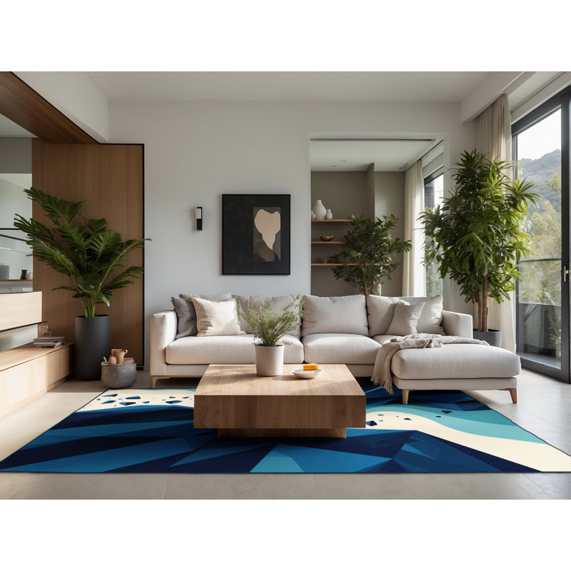 Tapis à motif géométrique doux et moelleux en bleu et bleu marine moderne, Rond 3 pi