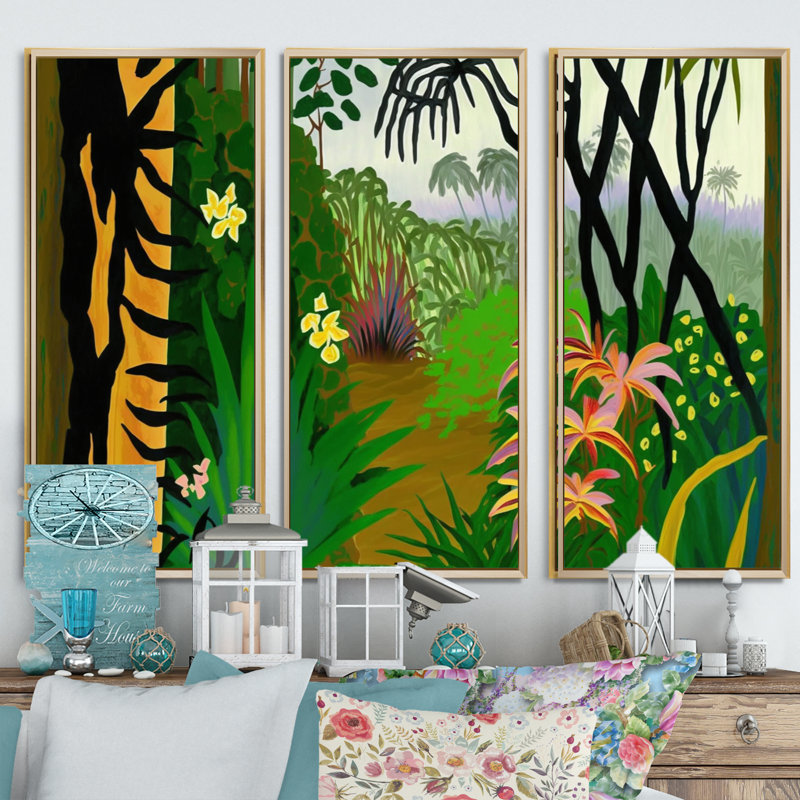 «Blossoming And Vibrant Jungle Flora IV», reproduction sur toile 3 pièces, H 28 po x l 36 po x P 1 po, Encadrement doré