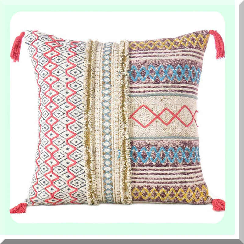 Boho Fringe Embroidered Throw Pillow - Bohemian Cushion Cover with Textured Design for Sofa Couch