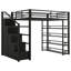 Lit mezzanine double en métal avec tablettes de rangement, armoires et garde-robe