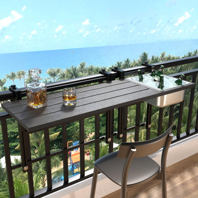 Upgraded Balcony Table Outdoor Patio Bar Table With Durable Composite Tabletop Aluminum Alloy Frame Hanging Folding Adjustable With Removable Ice Bucket, Easy Assembly (10Mins),43.5" L