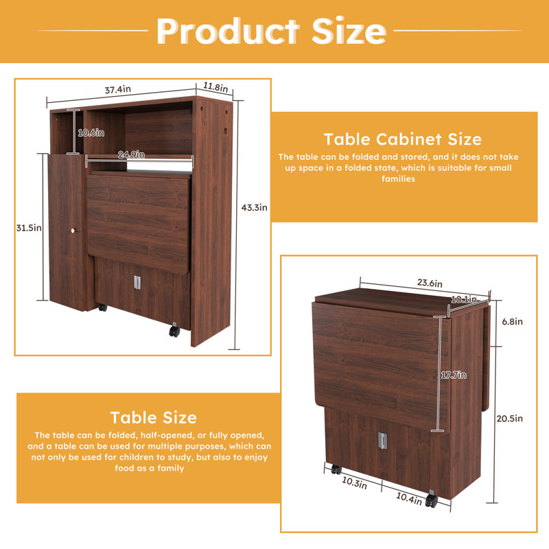 Multifunctional Folding Dining Table With Wall Mounted Sideboard And Storage Cabinet, Walnut