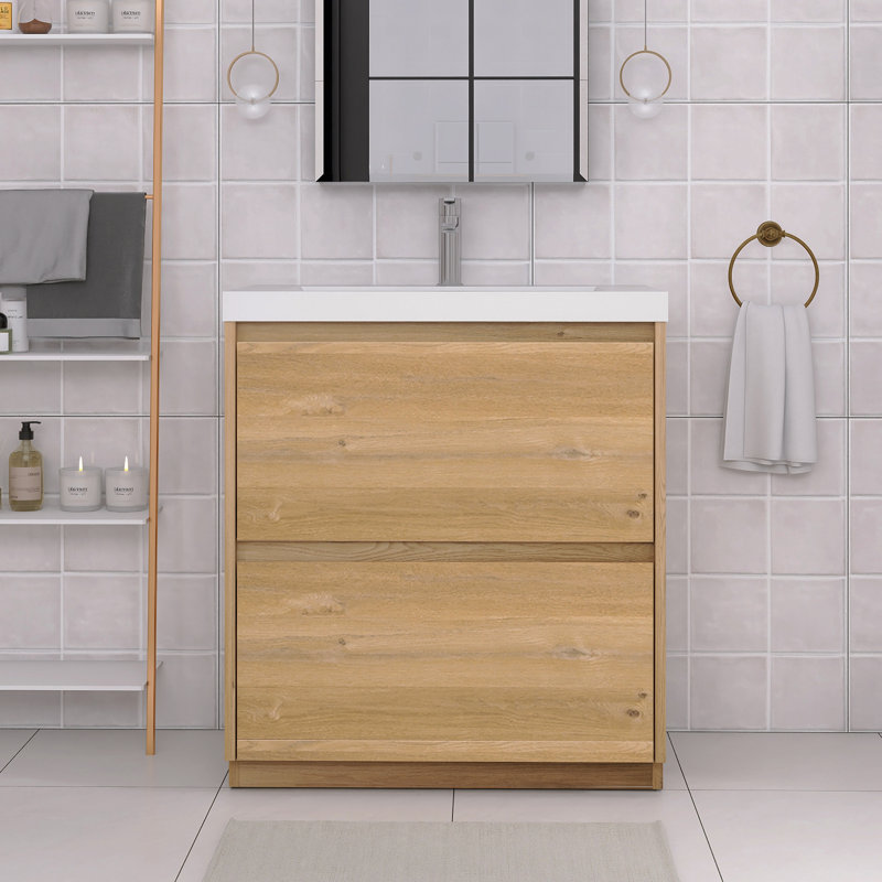 30'' Freestanding Single Bathroom Vanity In Oak With Integrated Resin Top