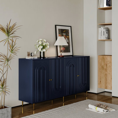 Modern Wooden Buffet Cabinet In Blue Lacquer - , Adjustable Shelves 4 Door With Lacquered Finish. For Entryway, Dining Room. Shelves, Stable Construct by Mercer41