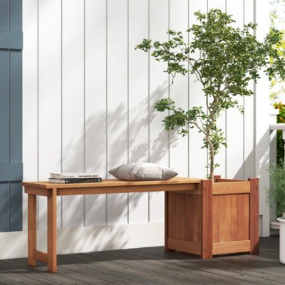 Teak Oil Finish Raised Garden Bed Wood Planter Box With Bench