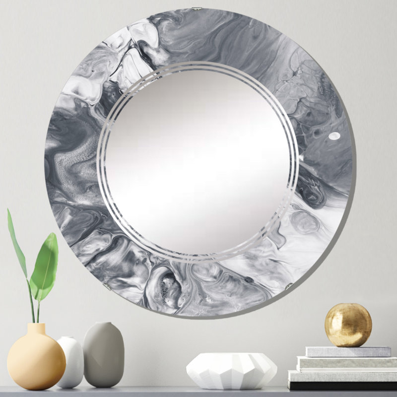 Blanc et gris vagues de marbre liquide - miroir mural rond moderne, 24 po x 24 po