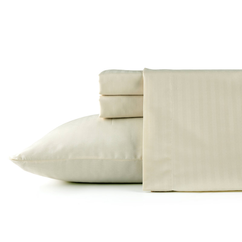 Bibb Home Damask Stripe 4 Piece Sheet Set, Butter, Full Sheet Set with 2 Pillowcases