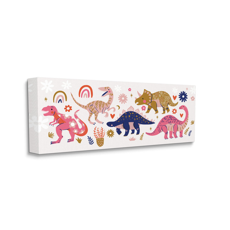 Joyeux dinosaures fantaisistes avec des fleurs arc-en-ciel, Toile tendue, H 20 po x l 48 po x P 1,5 po