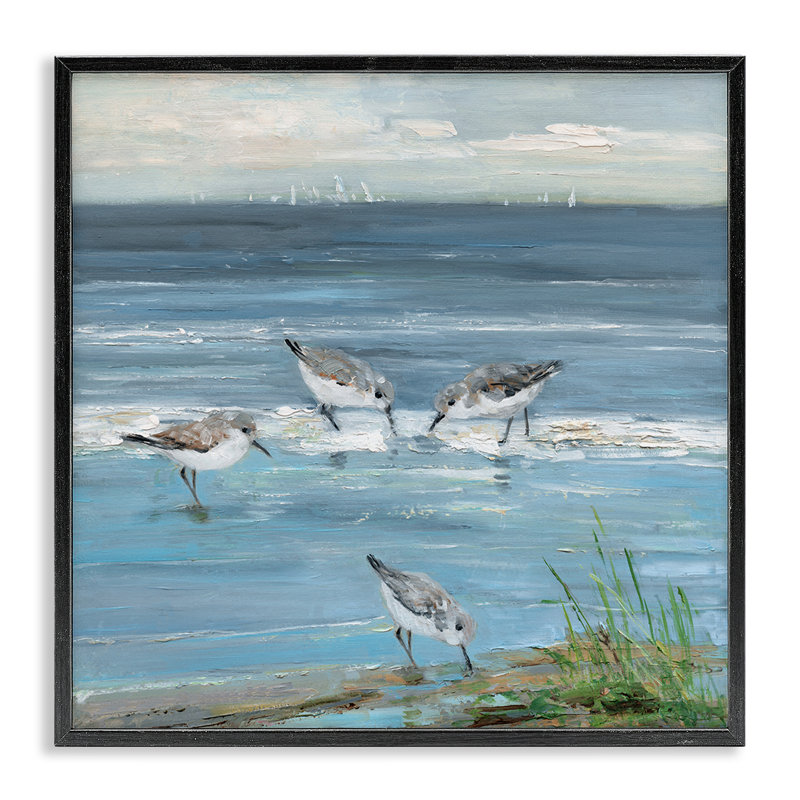 «Relaxed Sandpipers on Shore», estampe numérique de Sally Swatland, H 12 po x l 12 po, Giclée encadrée noir minuit