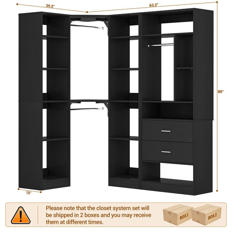 Système de placard d'angle 63,2 po x l 39,2 po x H 80 po, système d'organisation de placard autoportant avec 2 tiroirs et 12 tablettes