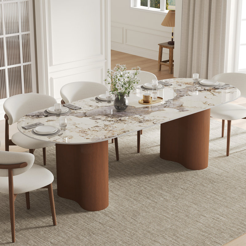 Modern 9-piece Oval Sintered Stone Dining Table Set With 8 Linen Upholstered Chairs, Walnut Wood Base, Seats 8