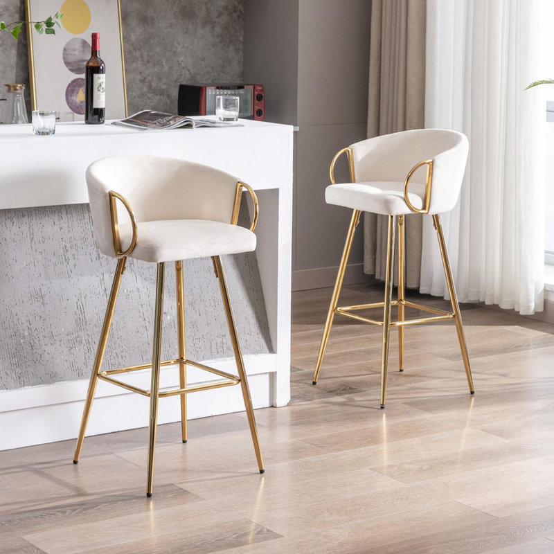 2 Stools, Footrest, Velvet + Golden Leg, Modern Seating Touch 2, Leg With Cozy, Counter Stool (26” Seat Height), Beige